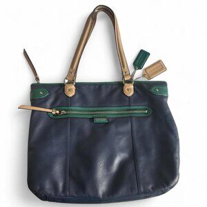 Coach Navy Leather Tote with Green and Gold Accents
